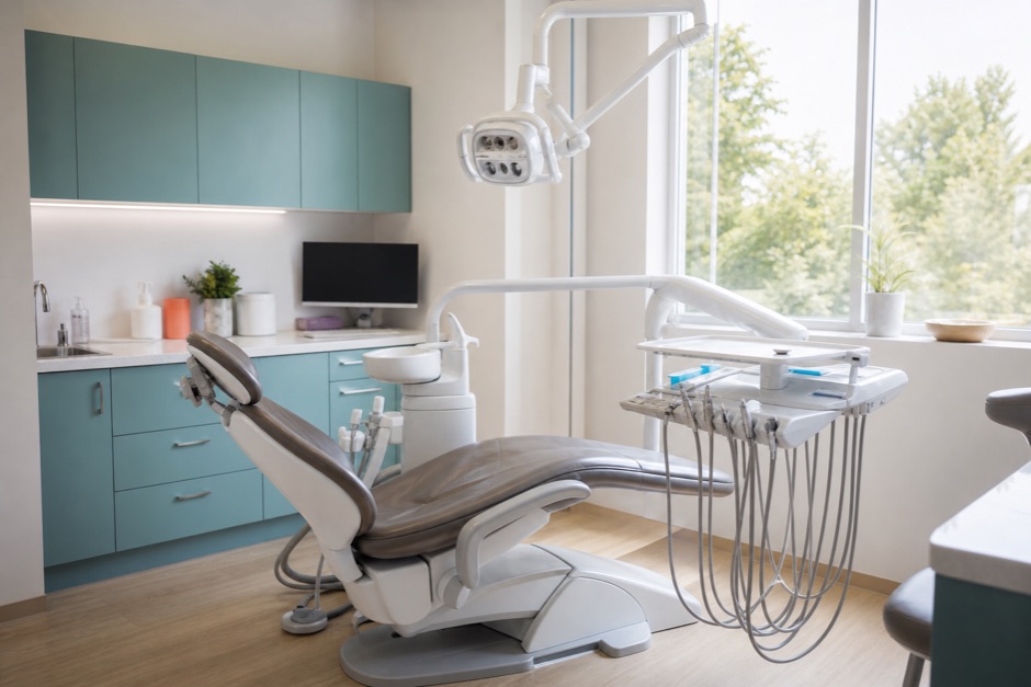 Gabinete dental con el sillón y la lámpara de techo, mobiliario blanco y luz natural de una ventana amplia.