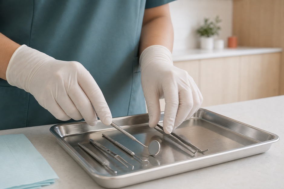 Manos con guantes colocando instrumental dental estéril en una bandeja.