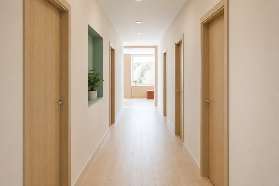 Pasillo interior de una clínica dental, con puertas de madera clara y luz al fondo.