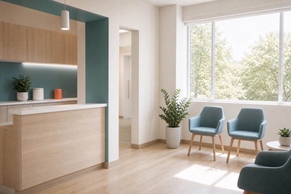 Recepción de una clínica dental pequeña, con mostrador de madera clara y butacas de espera.