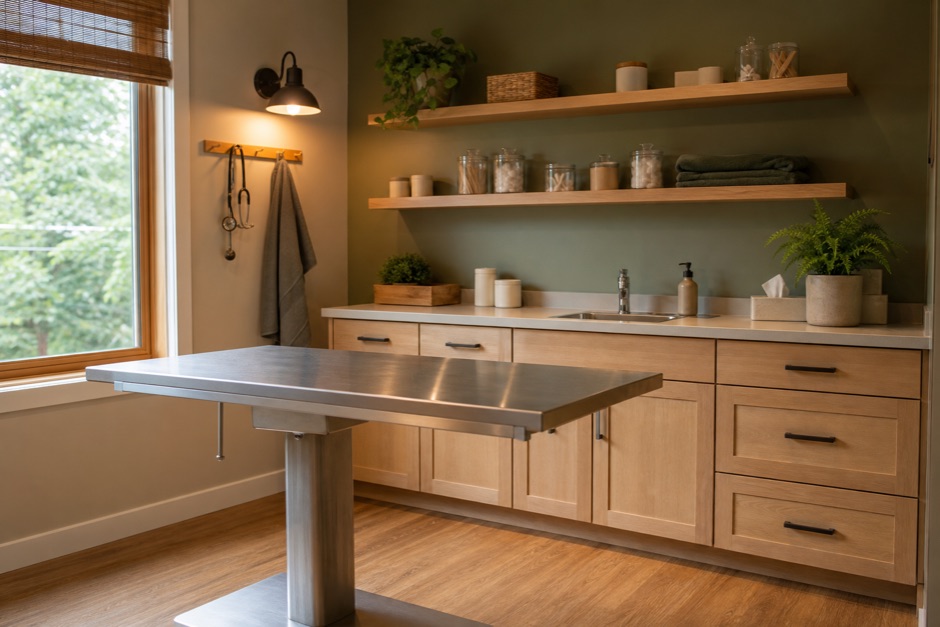 Sala de consulta veterinaria con mesa de exploración de acero, muebles de madera clara y pared verde salvia.