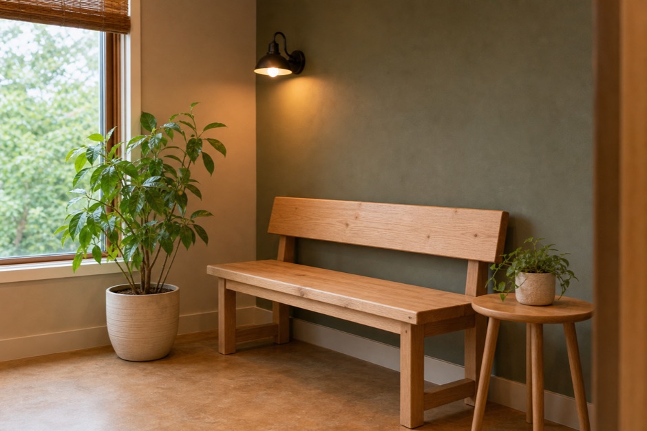 Sala de espera de una clínica veterinaria de barrio, con banco de madera clara y una planta.