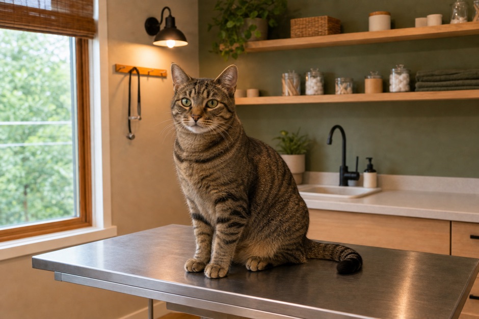Gato atigrado sentado con calma sobre la mesa de exploración de la consulta.
