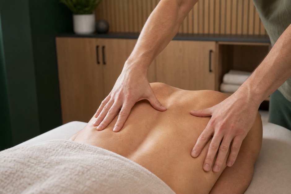 Manos aplicando terapia manual sobre la espalda alta, sin que se vea la cara de nadie.