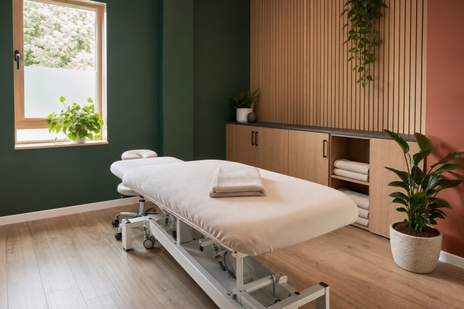 Sala de tratamiento de fisioterapia con una camilla vestida con toalla limpia y suelo de roble.