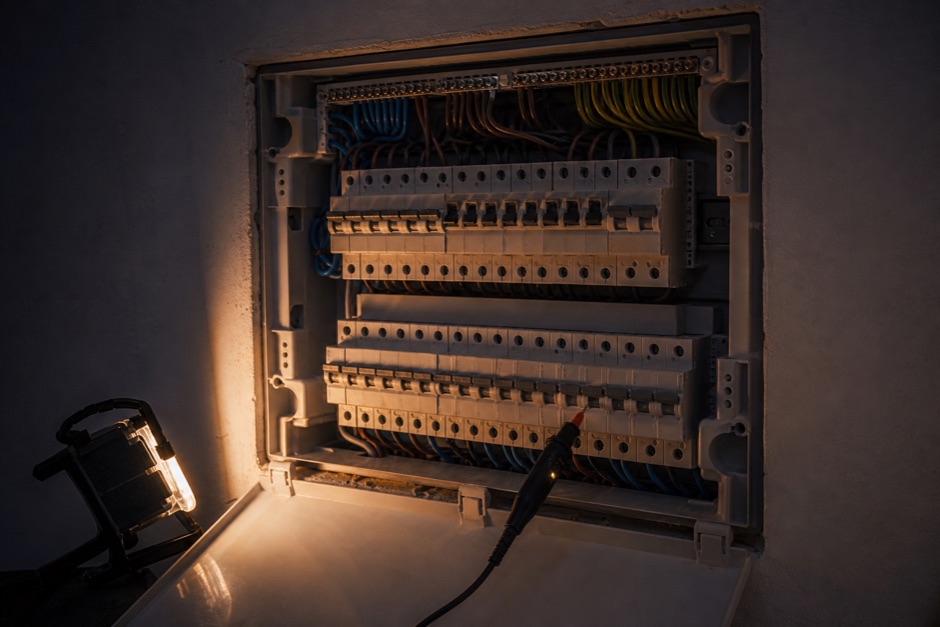 An open domestic consumer unit, rows of breakers and a test probe.
