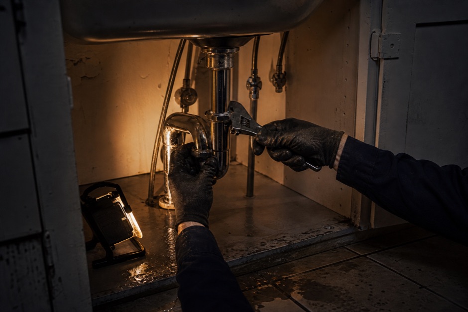 Hands tightening a chrome sink trap with an adjustable wrench under a kitchen unit.