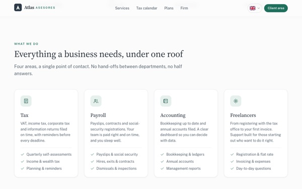 Atlas's home page, with the client portal entry and the next tax deadline