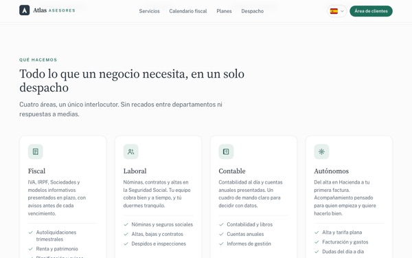 Portada de Atlas, con el acceso al portal del cliente y el próximo plazo fiscal