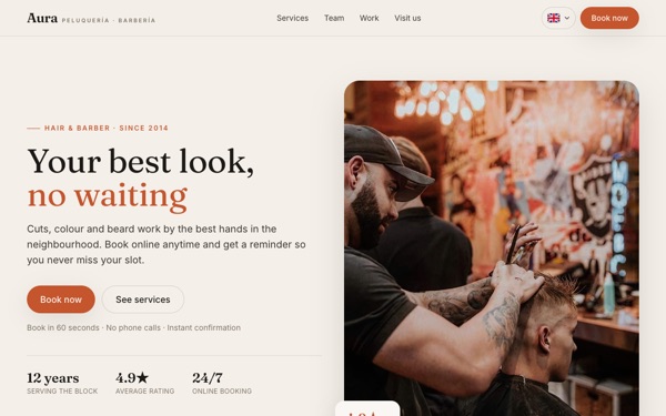 Aura's home page: a barber cutting hair and the button to book