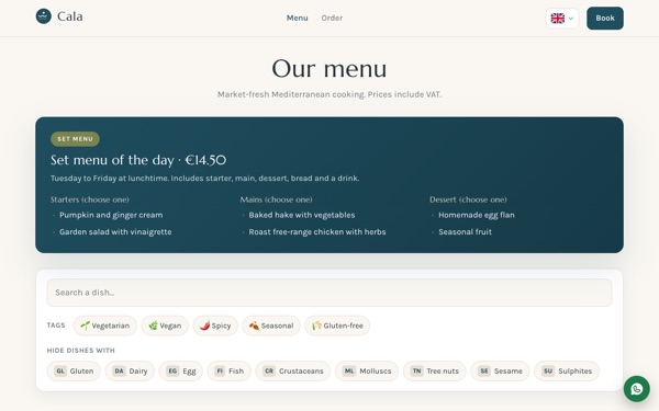 Cala's menu: the set menu of the day and the tag and allergen filters