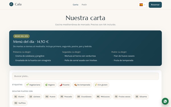 Carta de Cala: el menú del día y los filtros por etiqueta y por alérgeno