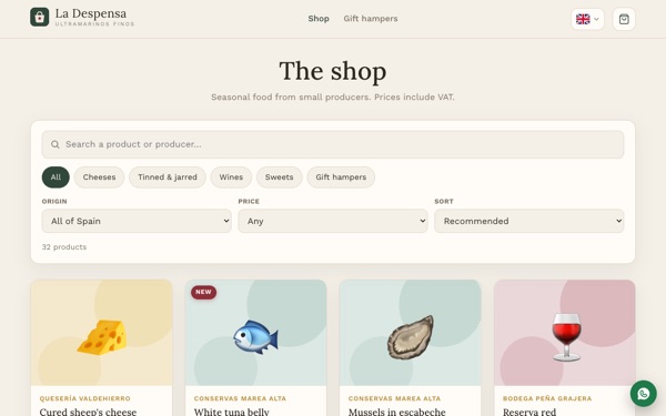 La Despensa's shop, with the search box, the filters and the first products
