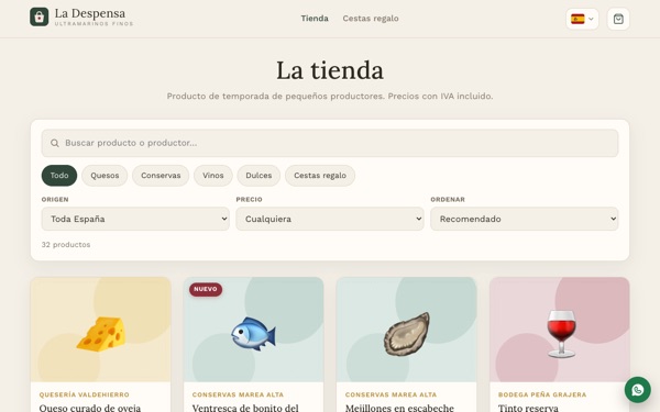 Tienda de La Despensa, con el buscador, los filtros y los primeros productos