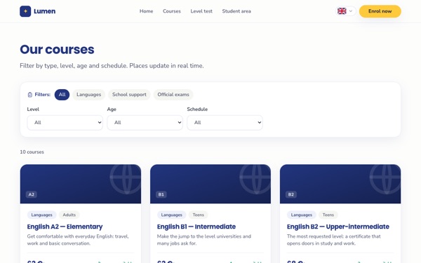 Lumen's course catalogue, with filters by type, level, age and schedule
