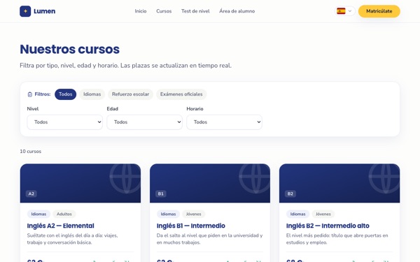 Catálogo de cursos de Lumen, con los filtros por tipo, nivel, edad y horario