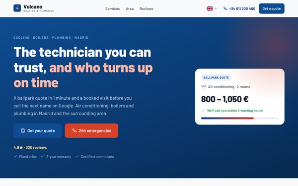 Vulcano's home page, with the ballpark quote and the emergency button