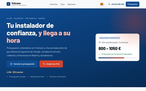 Portada de Vulcano, con el presupuesto orientativo y el botón de urgencias