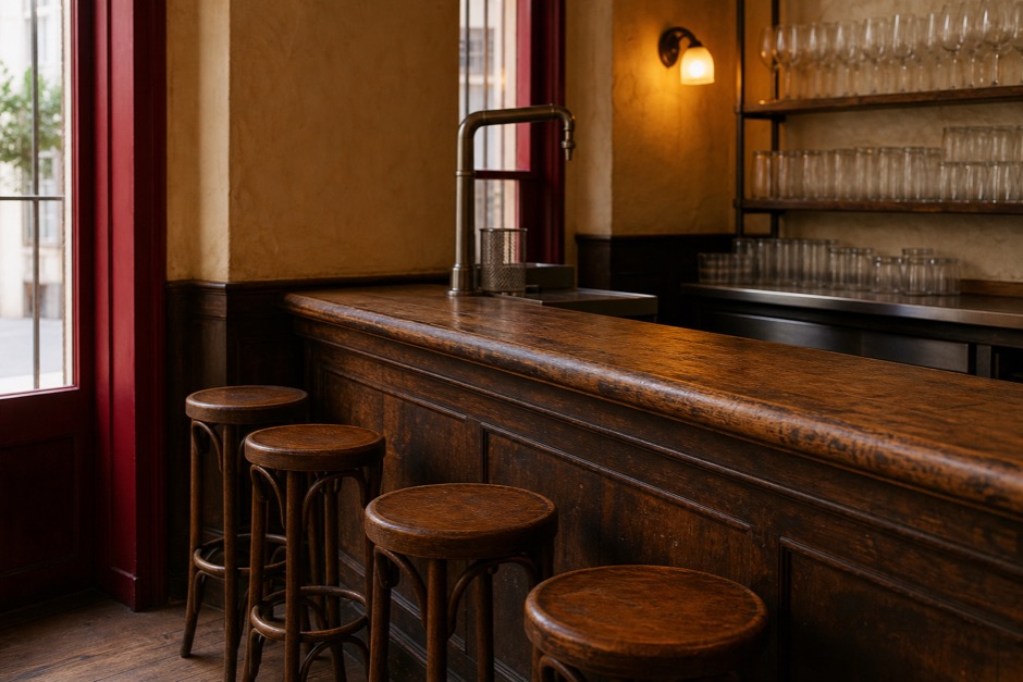 Barra de madera de un bar de barrio, con los taburetes vacíos y la cristalería al fondo.
