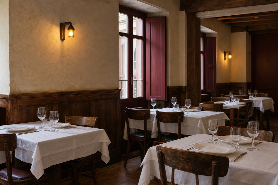 Comedor de una casa de comidas de barrio, con las mesas de madera puestas para el mediodía y luz de ventana.
