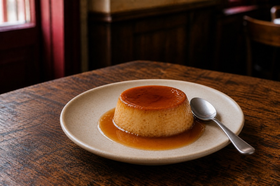 Flan casero con caramelo servido en un plato pequeño, con la cuchara al lado.