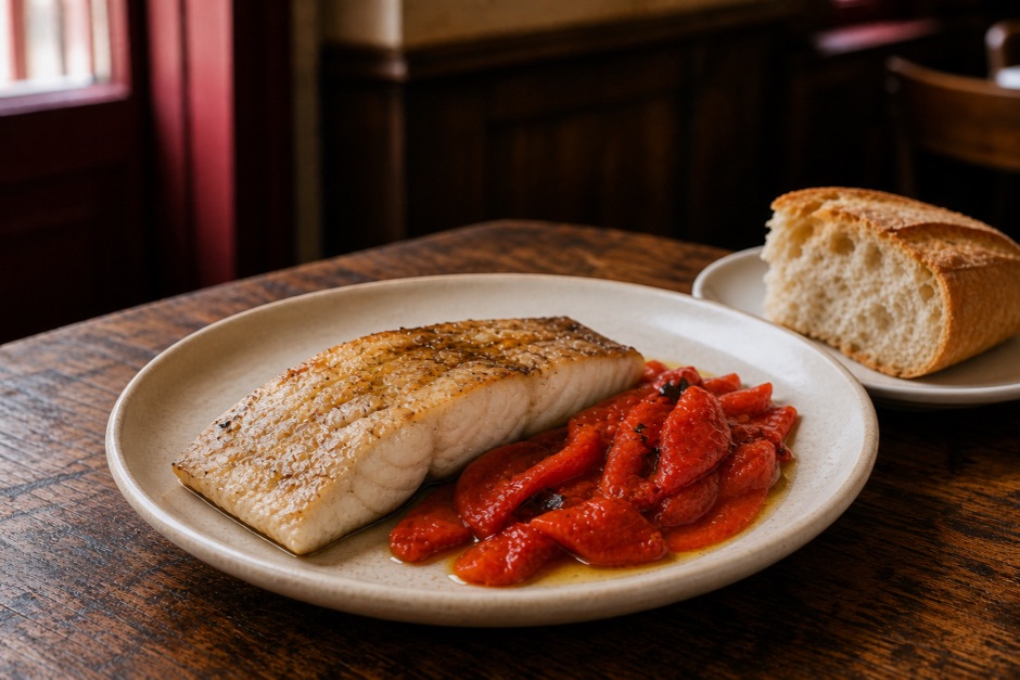 Plato de merluza a la plancha con pimientos asados sobre una mesa de madera.