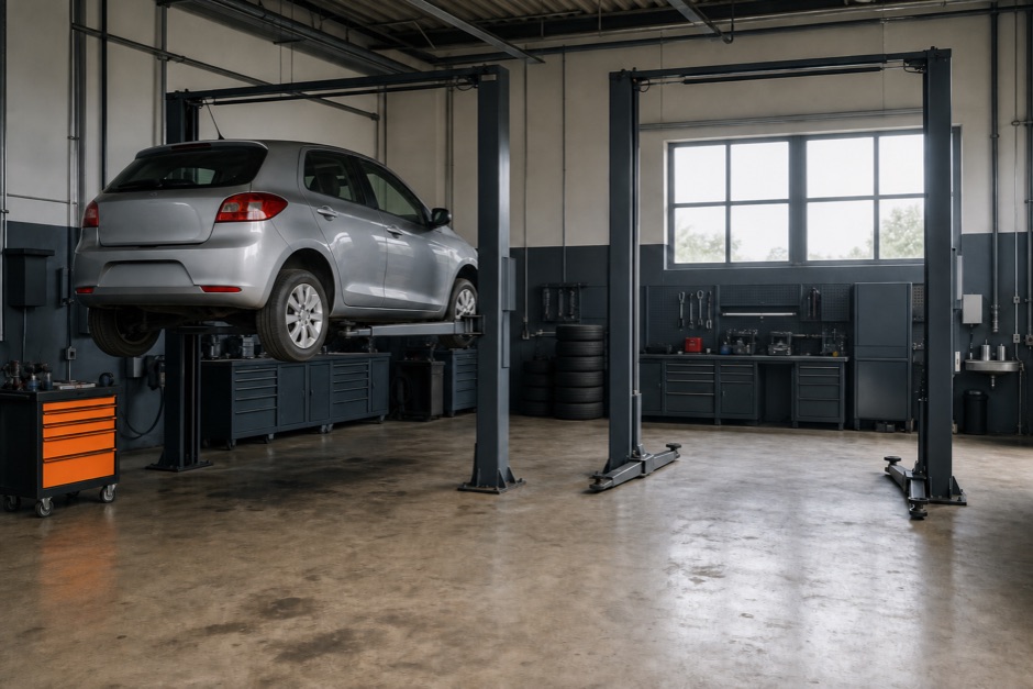 Interior de un taller mecánico con un coche sobre elevador de dos columnas y una segunda bahía libre.